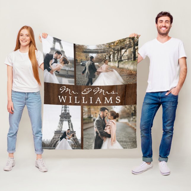 Photo Collage Mr & Mrs Newlywed Monogram Dark Wood Fleece Blanket (In Situ)