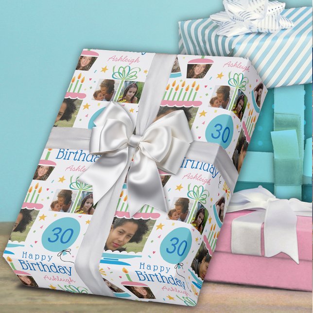 Photo Collage Name 30th Birthday Wrapping Paper (Creator Uploaded)