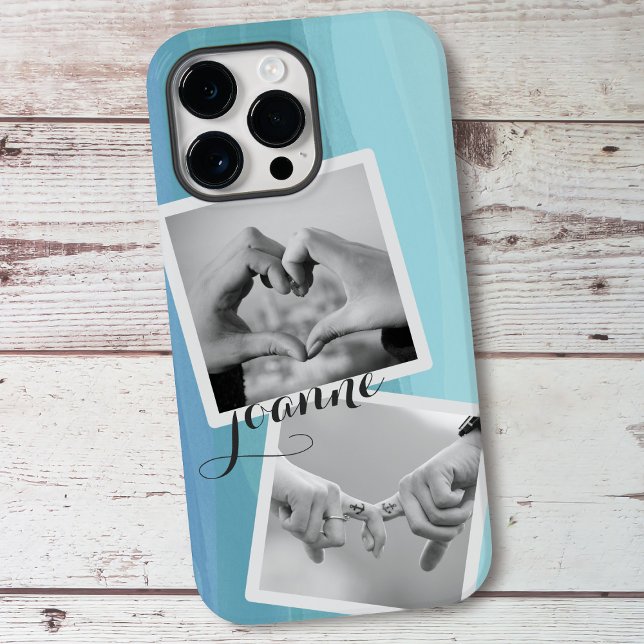 Photo Collage Name Watercolor Blue Case-Mate iPhone Case (Upload 2 photos to this serene blue phone case and add your name too)