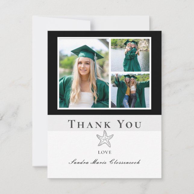 Photo Collage Nautical Black Starfish Graduate Thank You Card (Front)
