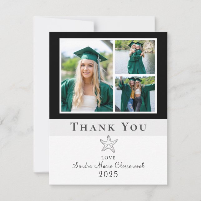 Photo Collage Nautical Black Starfish Graduate Thank You Card (Front)