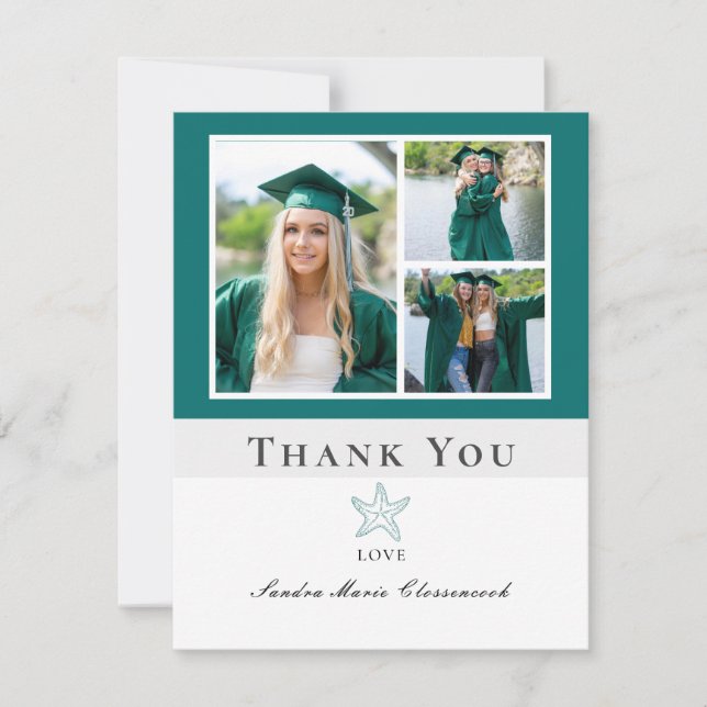 Photo Collage Nautical Green Starfish graduate Thank You Card (Front)