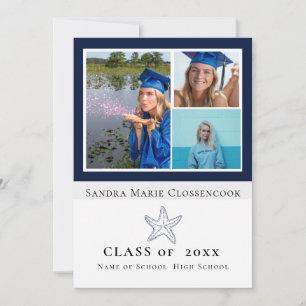 Photo Collage Nautical Navy Blue Starfish graduate Announcement