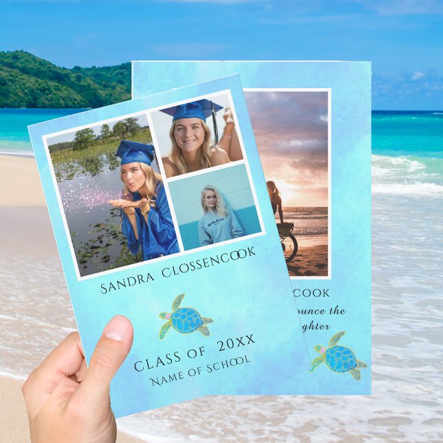 Photo Collage Nautical Sea Turtle Blue Graduation  Announcement (Creator Uploaded)