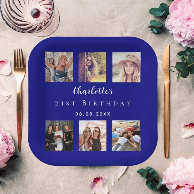 Photo collage navy blue birthday party paper plate (Creator Uploaded)