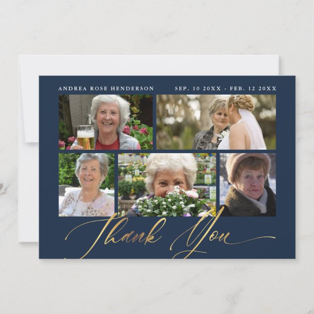Photo Collage Navy & Gold Calligraphy Funeral Thank You Card (Front)