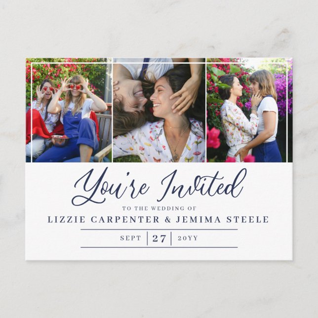 Photo Collage Navy You're Invited Budget Wedding Invitation Postcard (Front)