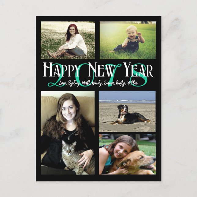 Photo Collage Neon Green Happy New Year Holiday Postcard (Front)