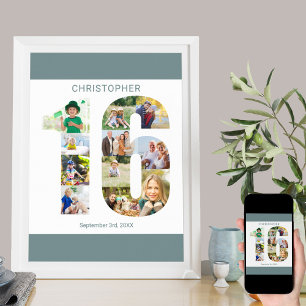 Photo Collage Number 16 Personalised 16th Birthday Poster
