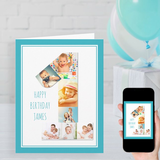 Photo Collage Number 1 Boy's First Birthday Card (Creator Uploaded)
