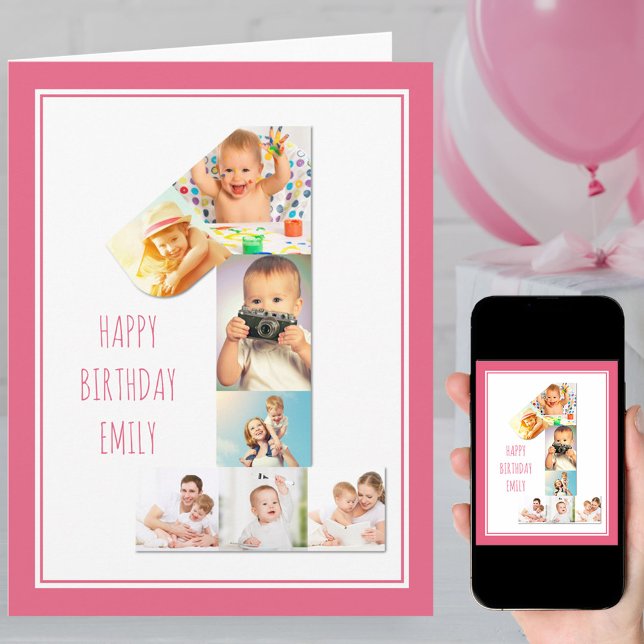 Photo Collage Number 1 Girl's First Birthday Card (Creator Uploaded)