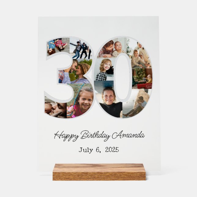 Photo Collage Number 30 - 30th Birthday Acrylic Sign (Front)