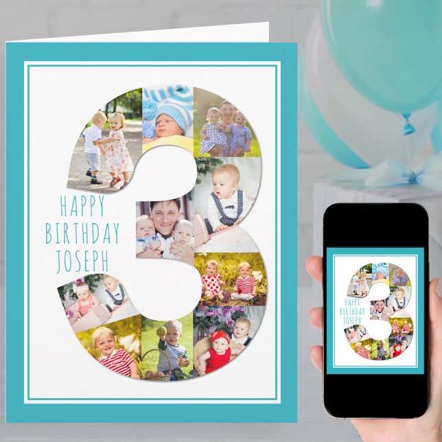 Photo Collage Number 3 Boy's 3rd Birthday Card (Creator Uploaded)
