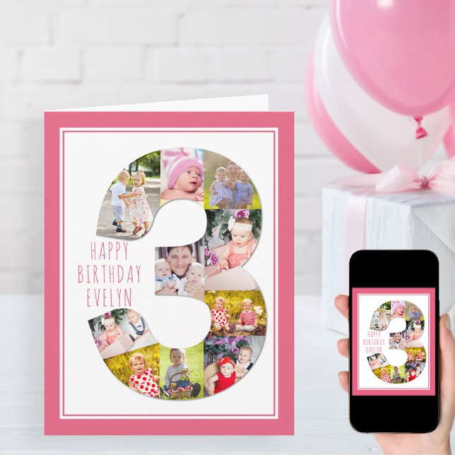 Photo Collage Number 3 Girl's 3rd Birthday Card (Creator Uploaded)