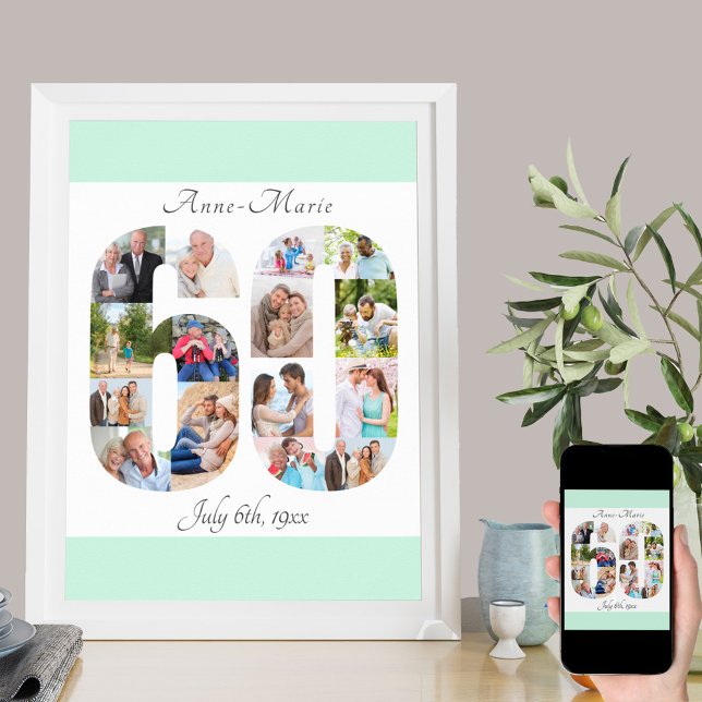 Photo Collage Number 60 Mint White 60th Birthday Poster (Creator Uploaded)