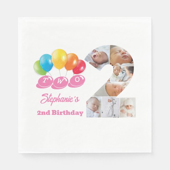 Photo Collage Number One Girl's Name 2nd Birthday  Napkin (Front)