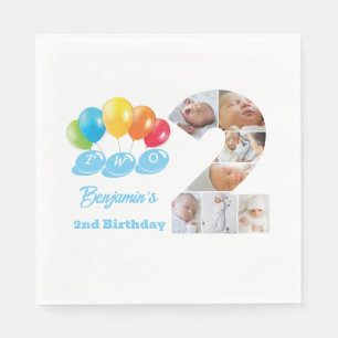 Photo Collage Number Two Boy's Name 2nd Birthday  Napkin