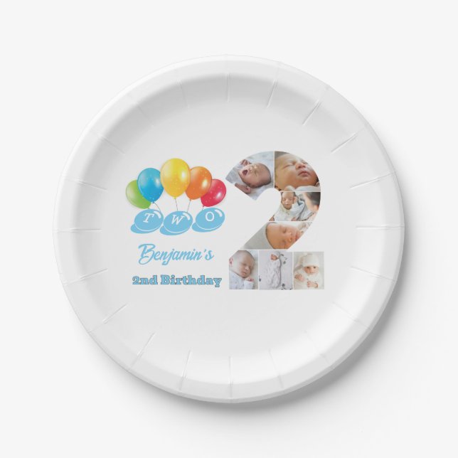 Photo Collage Number Two Boy's Name 2nd Birthday  Paper Plate (Front)