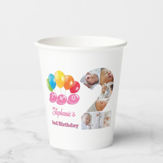 Photo Collage Number Two Girl's Name 2nd Birthday  Paper Cups (Front)