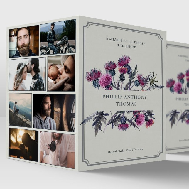 Photo Collage Obituary Scottish Thistle Funeral  Programme (Scottish Thistle Photo Montage Sympathy Order of Service Funeral Program)