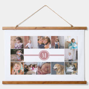 Photo collage of 12 photos dusty rose monogram hanging tapestry