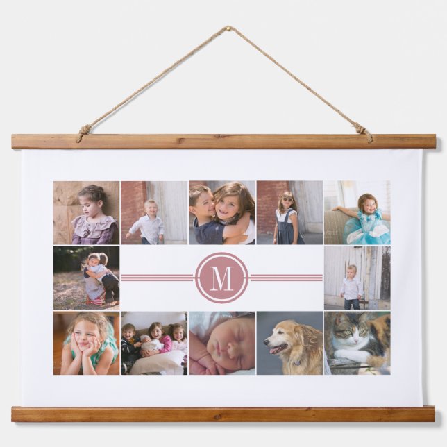 Photo collage of 12 photos dusty rose monogram hanging tapestry (Front)