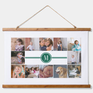 Photo collage of 12 photos emerald green monogram hanging tapestry