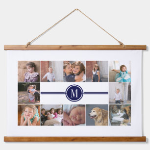 Photo collage of 12 photos navy blue monogram hanging tapestry