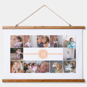 Photo collage of 12 photos peach monogram hanging tapestry