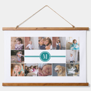 Photo collage of 12 photos teal blue monogram hanging tapestry