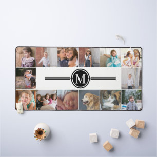 Photo collage of 14 photos and black monogram desk mat