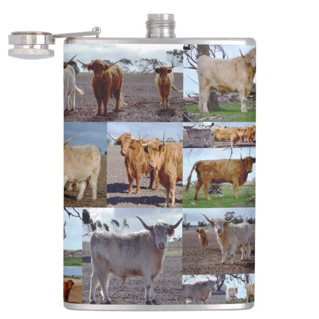 Photo Collage Of Highland Cows, Hip Flask (Opened)