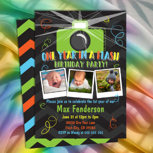 Photo Collage One Year in a Flash First Birthday I Invitation