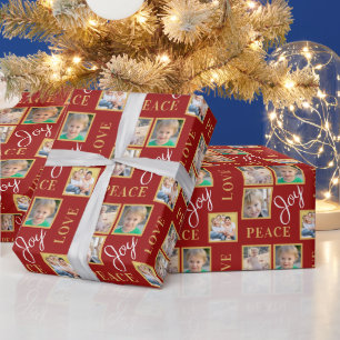 Photo Collage Peace Love Joy Green Christmas Wrapping Paper