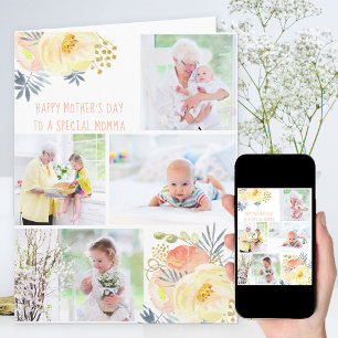 Photo Collage Peach Yellow Floral Editable Card