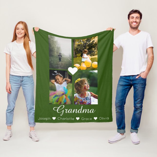 Photo Collage Personalised 4 Photos With Hearts Fleece Blanket (In Situ)