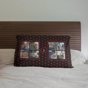 Photo Collage Personalised Family Red Hearts Black Pillowcase
