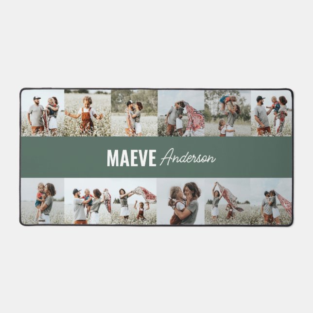 Photo collage personalised modern sage green chic desk mat (Front)