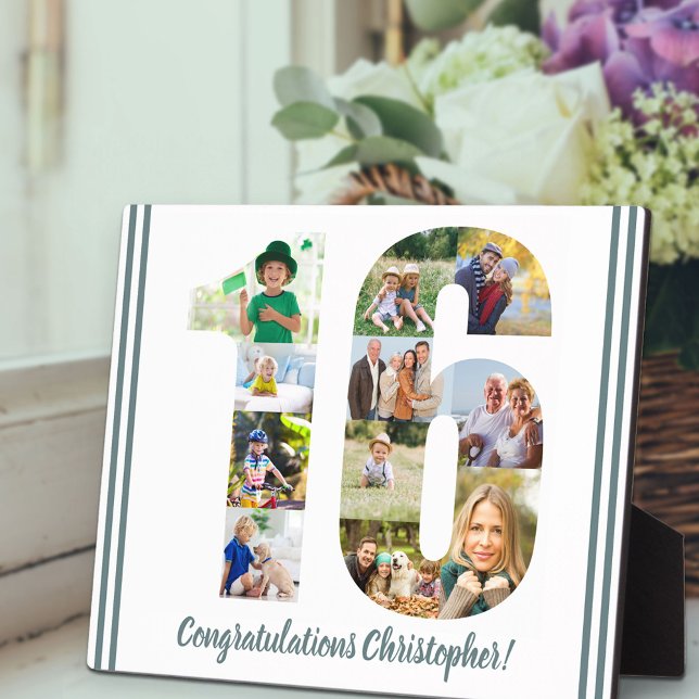 Photo Collage Personalised Number 16 Birthday Plaque (Creator Uploaded)