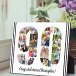 Photo Collage Personalised Number 90 Birthday Plaque<br><div class="desc">90th Birthday Plaque - personalised with a photo collage of your favourite photos and custom text. The photo template is set up ready for you to add your photos, which will be displayed in the shape of a number 90. The wording, which currently reads "Congratulations [name]!" can also be customised....</div>