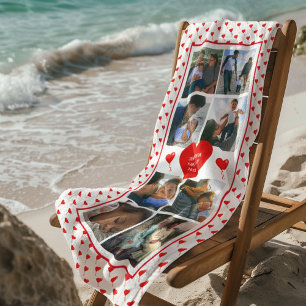 Photo Collage Personalised Red Heart & Name White Beach Towel