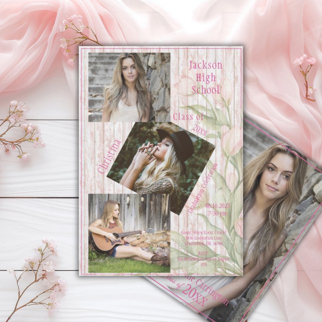 Photo Collage Personalized 4 Photo Pink Graduation Announcement (Creator Uploaded)
