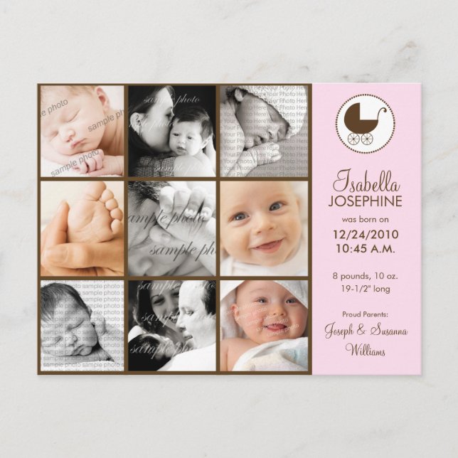 Photo Collage Pink Baby Birth Announcement (Front)