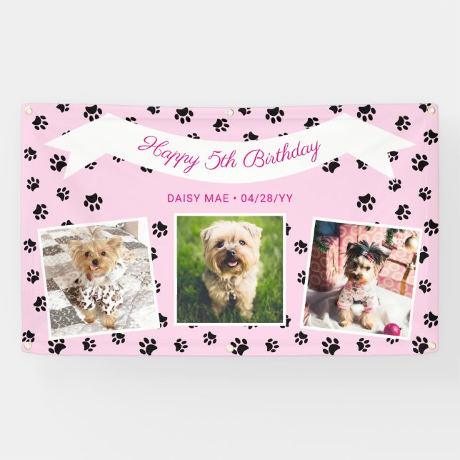 Photo Collage Pink Black Paw Prints Pet Birthday Banner (Horizontal)