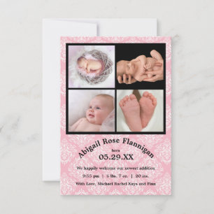 Photo Collage Pink Damask-3x5 Birth Announce Announcement