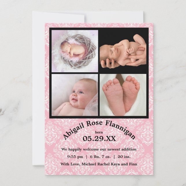 Photo Collage Pink Damask-Birth Announcement (Front)