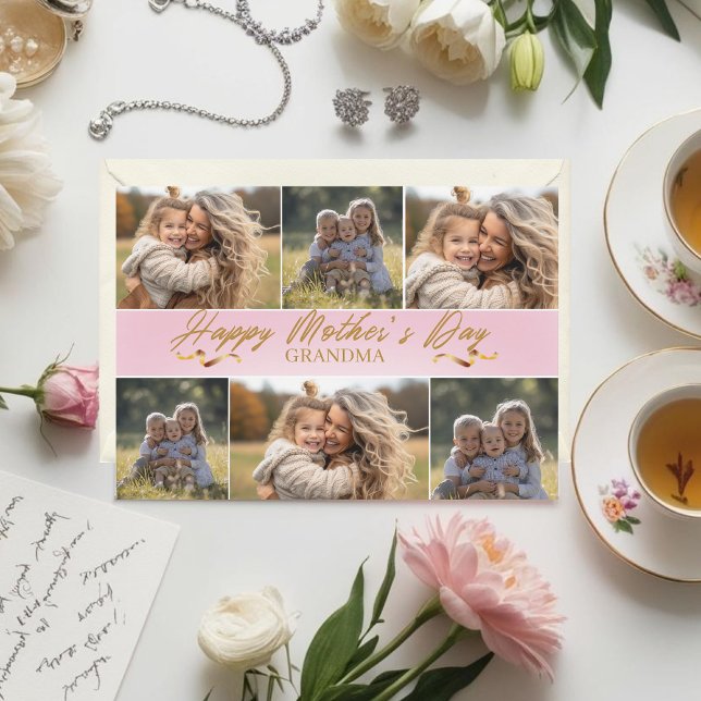 Photo Collage Pink Happy Mother's Day Grandma Holiday Card (Creator Uploaded)