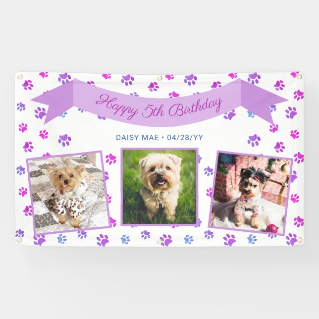 Photo Collage Purple Pink Paw Prints Pet Birthday Banner (Horizontal)