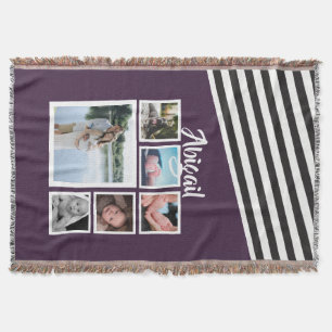 Photo Collage Purple Striped Unique Personalised Throw Blanket
