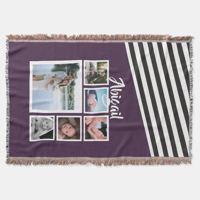 Photo Collage Purple Striped Unique Personalised Throw Blanket (Front)